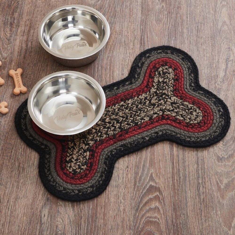 Farmhouse Black, Red, Tan, Grey Bone Shaped Jute Braided Dog Feeder Mat Pet